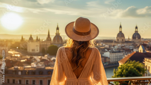 Single female traveling alone, slender young woman with beautiful figure, in summer casual dress and hat, famous destination with observation deck in old European city. Rear view. Sunset or sunrise.