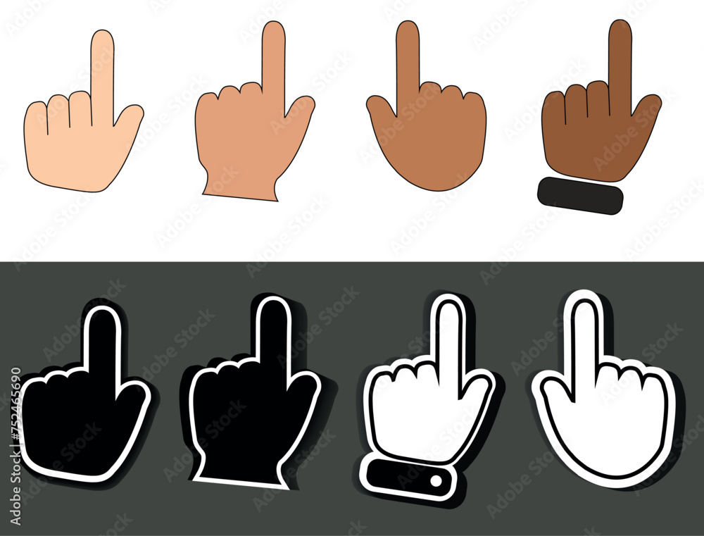 Click with hand cursor. Icon sticker on gray background Click with hand cursor. Icon sticker on gray background