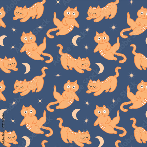 Seamless pattern  funny kittens on the background of the night sky with the moon and stars. Children s textile  print  vector.