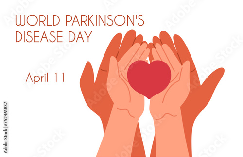World Parkinson's Disease Day banner. Hands holding heart. Design template foe background, poster.