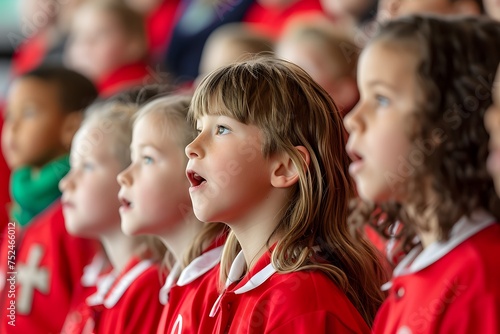 St. David's Day school assembly with children singing Welsh hymns, Educational event, Cultural learning, Youth involvement, Community gathering