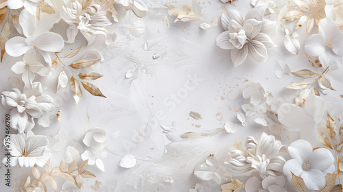 Graceful gold floral trails shimmering on a bed of white marble. Luxurious wedding card, jewellery glamor design, Generative AI © MKDESI9N