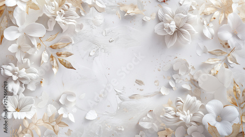 Graceful gold floral trails shimmering on a bed of white marble. Luxurious wedding card, jewellery glamor design, Generative AI