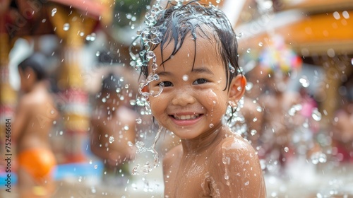 A smiling child, drenched in water splashes, revels in the pure joy of a festive water celebration, embodying innocent delight, Songkran.