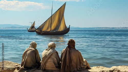 Illustration of Jewish men sicarri the shores of the Sea of Galilee in the period of Jesus Christ. Mediums sitting on the banks of the Sea of Galilee waiting for a fishing boat. photo