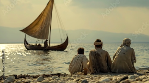 Illustration of Jewish men sicarri the shores of the Sea of Galilee in the period of Jesus Christ. Mediums sitting on the banks of the Sea of Galilee waiting for a fishing boat. photo