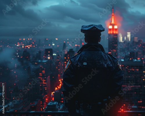 Police Officer on Duty: Moody Cityscape with a Dedicated Guardian of Law and Order