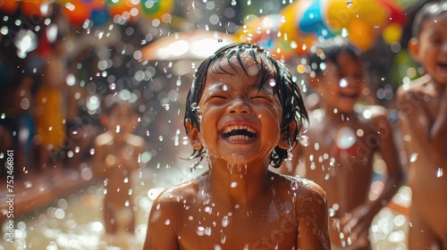 Amidst the vibrant celebrations of Songkran, a smiling child, drenched in playful water splashes, revels in the pure joy of the festive occasion, embodying innocent delight and happiness.