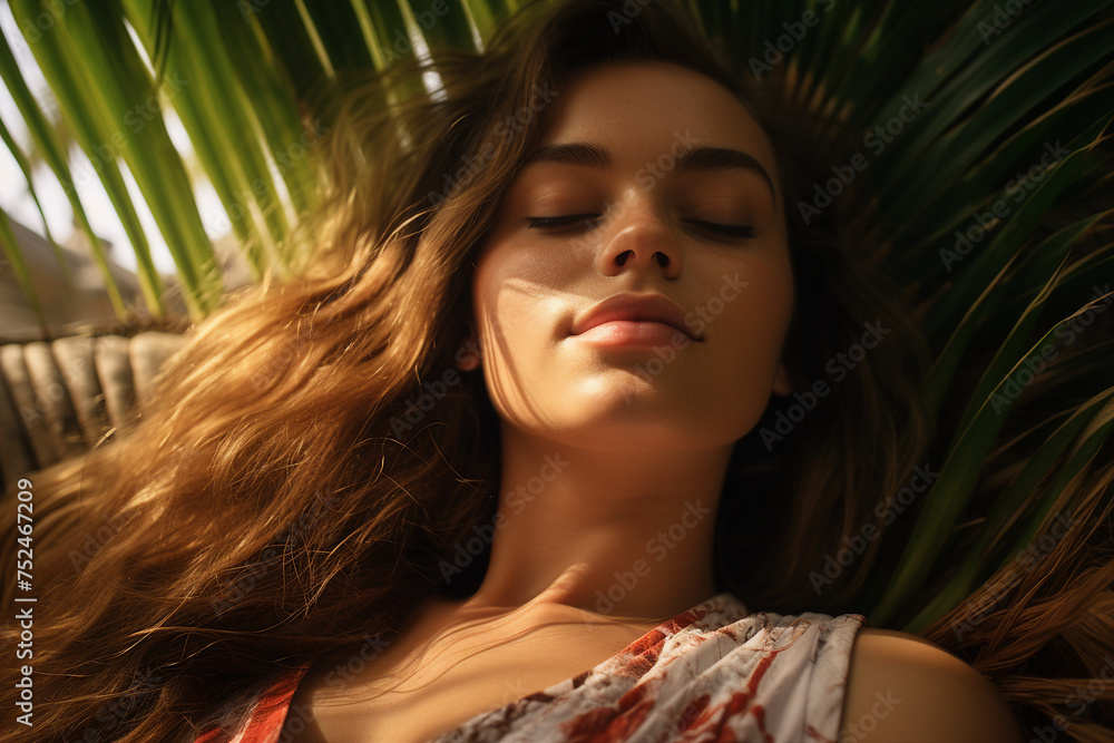 Generative AI photography of adorable lovely beautiful young woman rest on tropical island Generative AI photography of adorable lovely beautiful young woman rest on tropical island