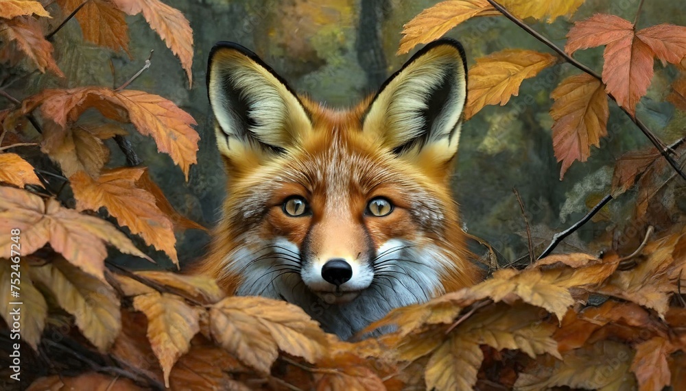 Fototapeta premium Secretive Observer: Fox Stealthily Peeking from Underneath Leafy Cover