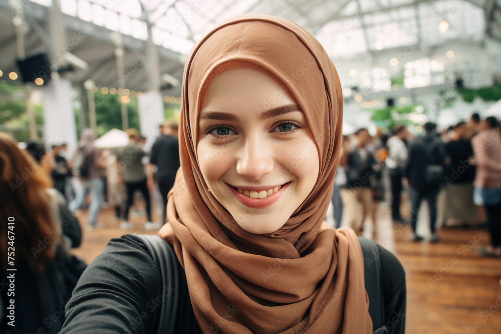 Generative ai collage image of woman friends muslim in hijab looking on modern shopping market Generative ai collage image of woman friends muslim in hijab looking on modern shopping market
