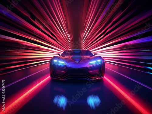 Futuristic car speeds in circuit neon light