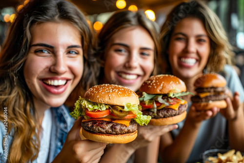 Three Friends Enjoying Burgers and Smiles at a Cozy Diner 