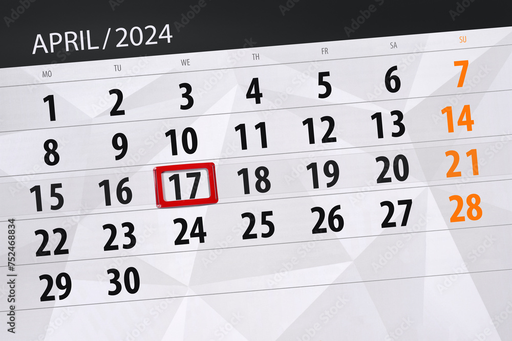 Calendar 2024, deadline, day, month, page, organizer, date, April, wednesday, number 17 Calendar 2024, deadline, day, month, page, organizer, date, April, wednesday, number 17