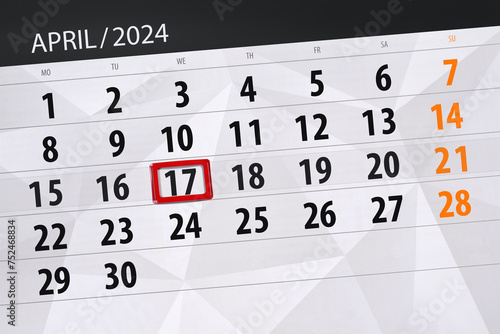 Calendar 2024, deadline, day, month, page, organizer, date, April, wednesday, number 17