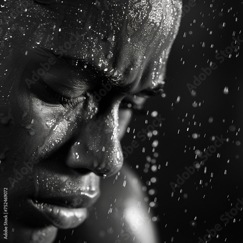 Extreme Close-Up of Sweating Man in Black and White