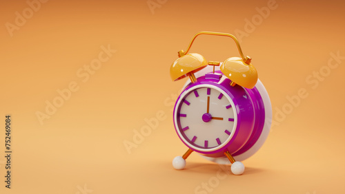 Purple vintage alarm analog clock on orange background. 3d render