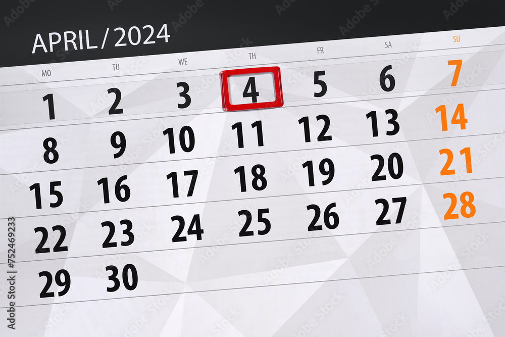 Calendar 2024, deadline, day, month, page, organizer, date, April, thursday, number 4 Calendar 2024, deadline, day, month, page, organizer, date, April, thursday, number 4