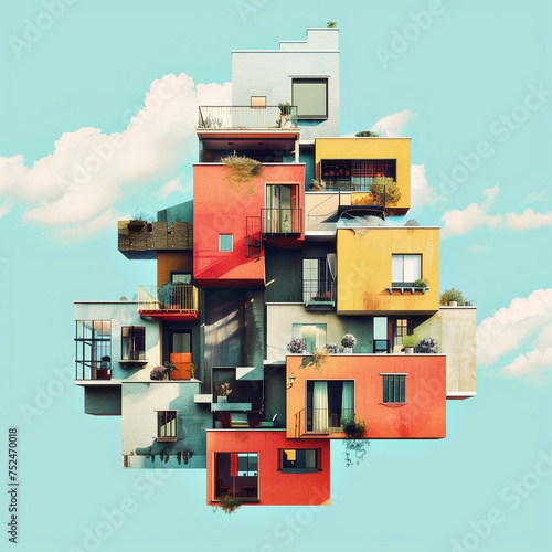 A collage of house and buildings district floating in the sky