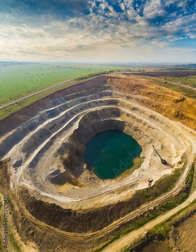 Aerial view of large surface mine, circular hole in ground 