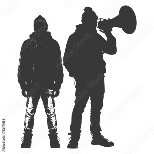 Silhouette demonstrators holding loudspeaker alone black color only