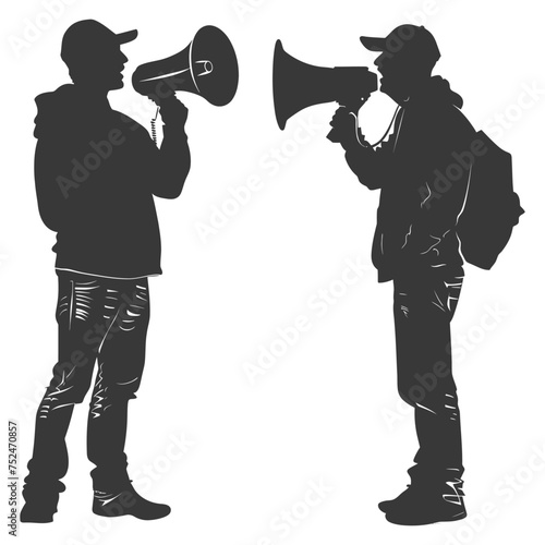 Silhouette demonstrators holding loudspeaker alone black color only