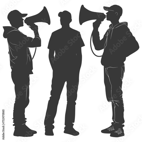 Silhouette demonstrators holding loudspeaker alone black color only