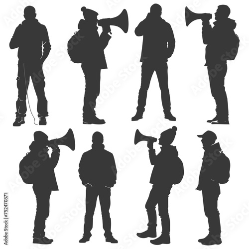 Silhouette demonstrators holding loudspeaker alone black color only
