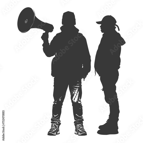 Silhouette demonstrators holding loudspeaker alone black color only