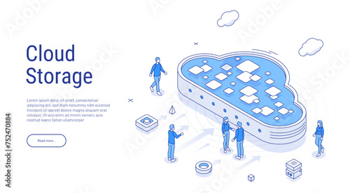 Cloud storage for download, upload information. Data in database on cloud services. Digital service or application with data transmission. Network computing technologies. Futuristic 3d Server.