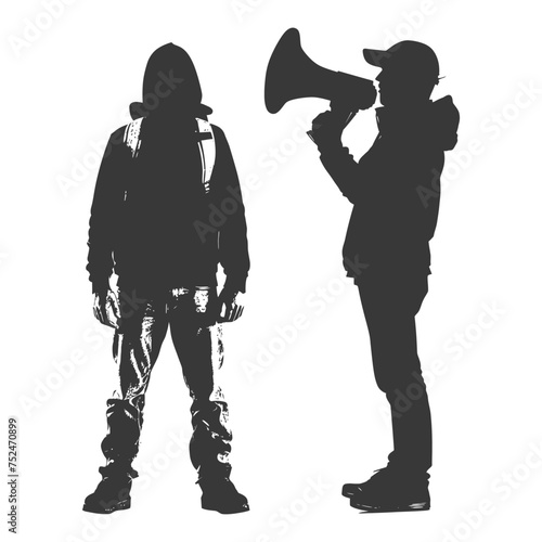 Silhouette demonstrators holding loudspeaker alone black color only