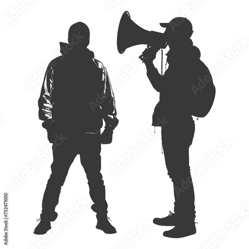Silhouette demonstrators holding loudspeaker alone black color only