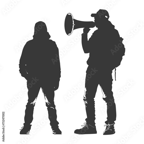 Silhouette demonstrators holding loudspeaker alone black color only