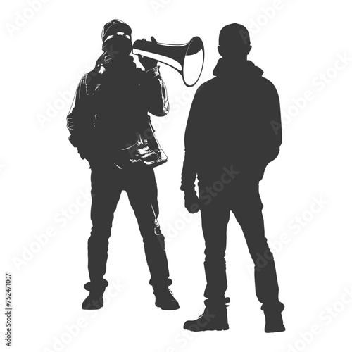 Silhouette demonstrators holding loudspeaker alone black color only