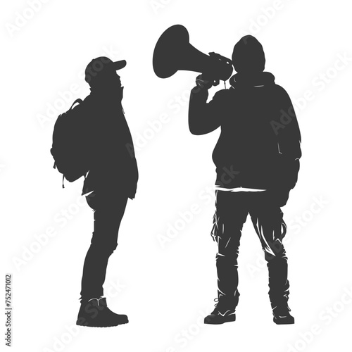 Silhouette demonstrators holding loudspeaker alone black color only