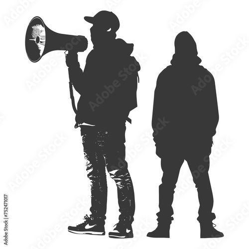 Silhouette demonstrators holding loudspeaker alone black color only