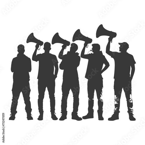 Silhouette demonstrators holding loudspeaker alone black color only