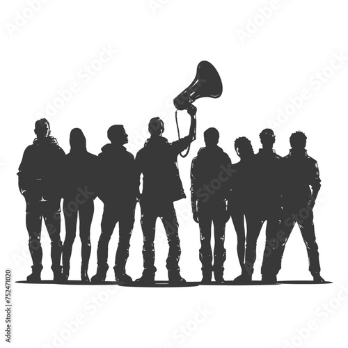Silhouette demonstrators holding loudspeaker alone black color only