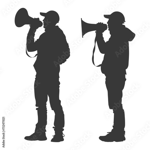 Silhouette demonstrators holding loudspeaker alone black color only