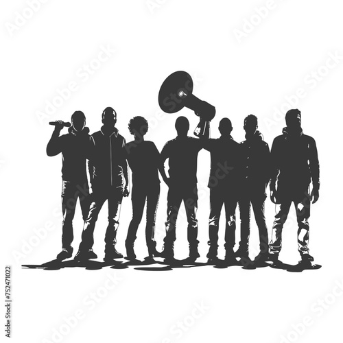 Silhouette demonstrators holding loudspeaker alone black color only