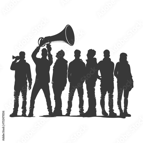 Silhouette demonstrators holding loudspeaker alone black color only