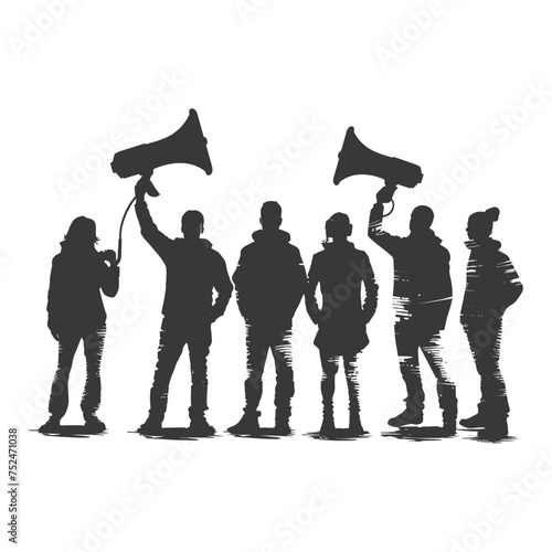 Silhouette demonstrators holding loudspeaker alone black color only