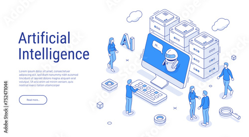 Artificial intelligence on the screen. Isometric illustration in outline style. Chatbot or AI to help with work. Modern technology. Little people in the background of servers