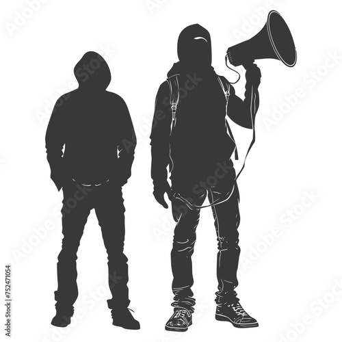 Silhouette demonstrators holding loudspeaker alone black color only
