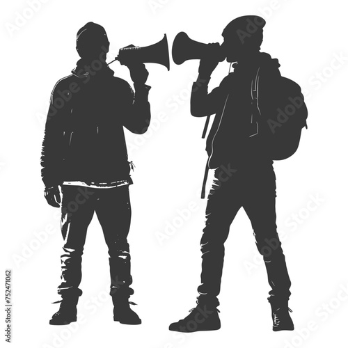 Silhouette demonstrators holding loudspeaker alone black color only