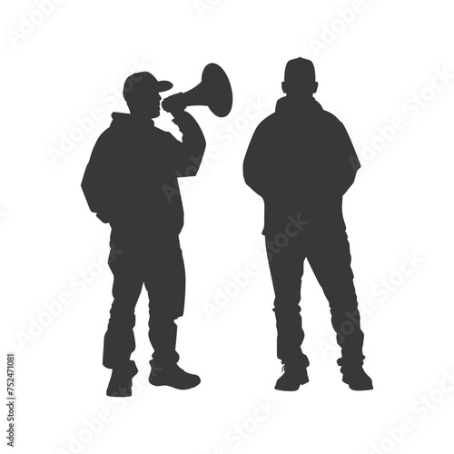 Silhouette demonstrators holding loudspeaker alone black color only