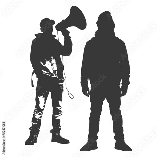 Silhouette demonstrators holding loudspeaker alone black color only