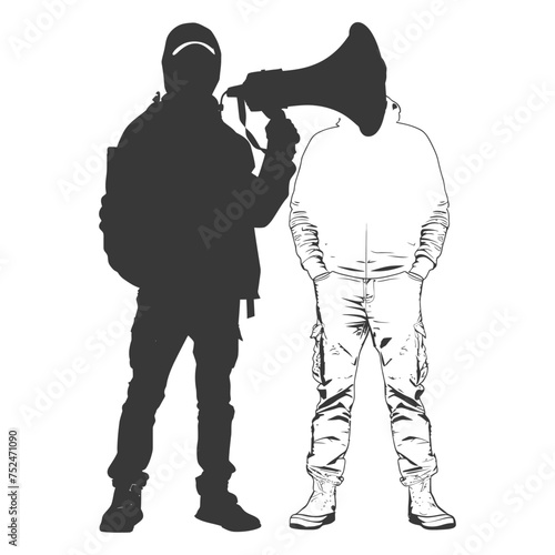 Silhouette demonstrators holding loudspeaker alone black color only