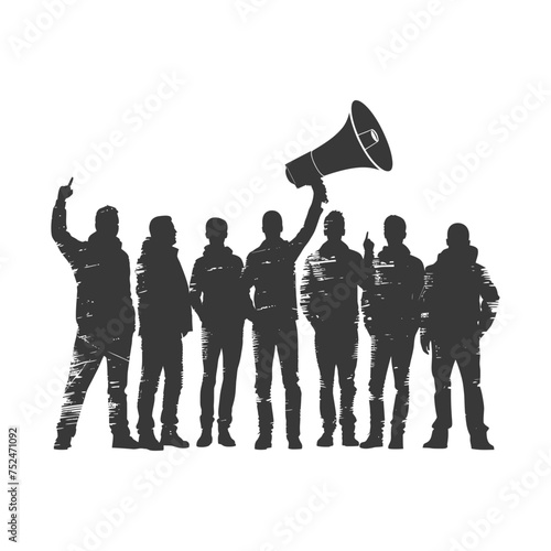 Silhouette demonstrators holding loudspeaker alone black color only