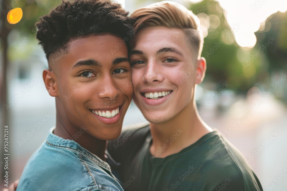 Obraz premium A heartwarming portrait of two young males sharing a smile with soft natural backlighting